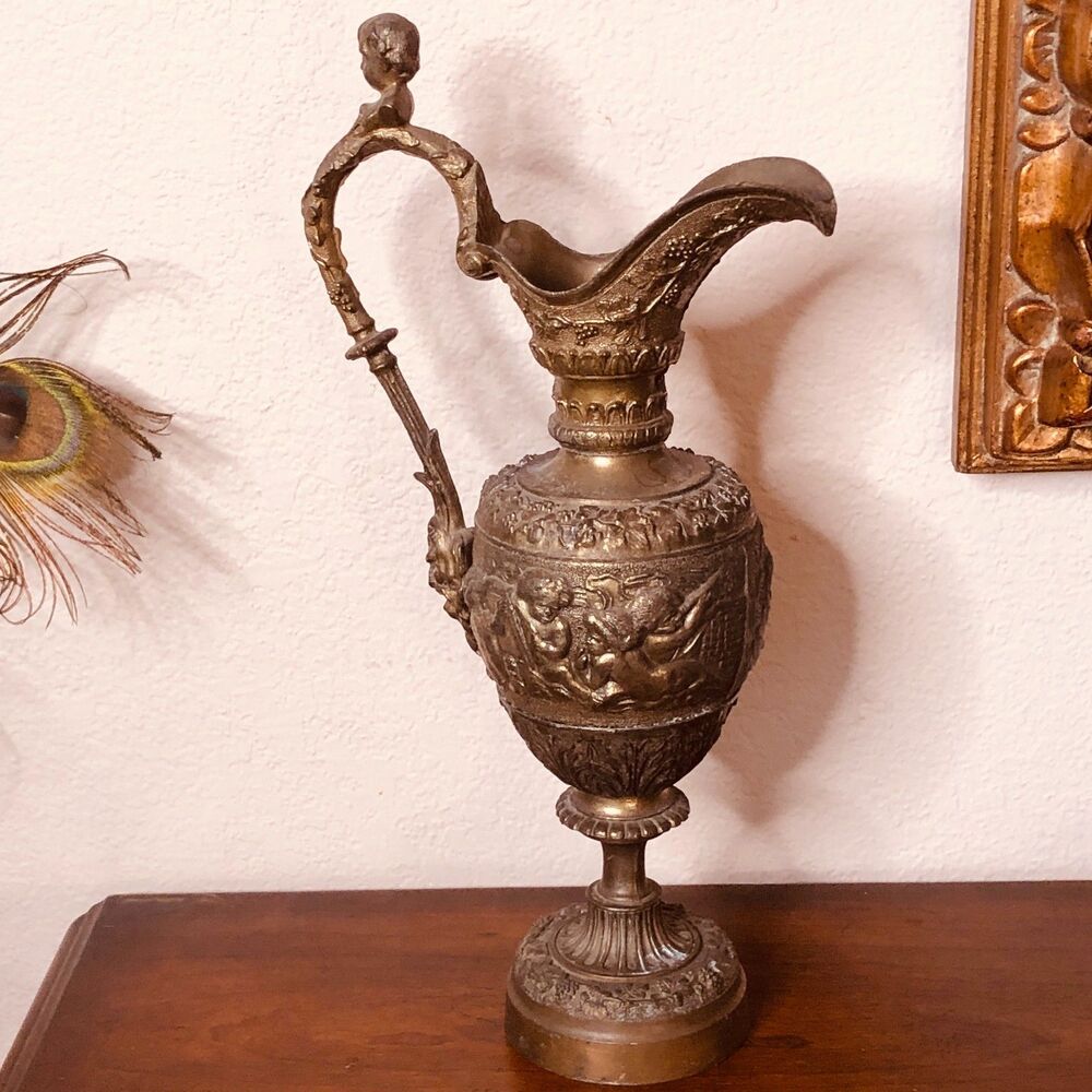 Antique Renaissance Revival Cast Brass Ewer-Ornate Cherub Relief 14" High